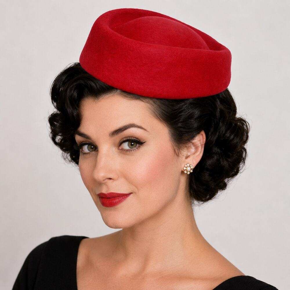 Red Stewardess Oval Pillbox Hat Retro Style for Party Wedding Church - Hey Viv